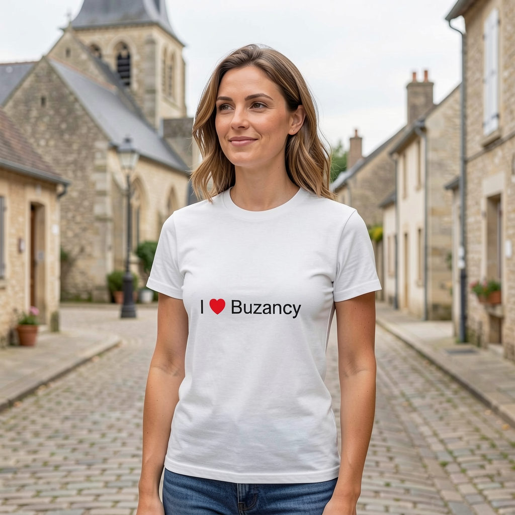 Photo portée du T-shirt I love buzancy en décor Buzancy
