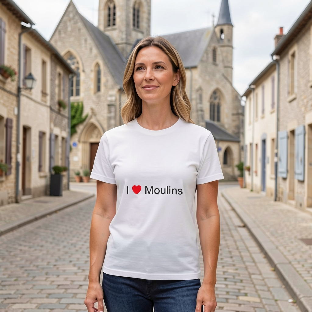Photo portée du T-shirt I love moulins en décor Moulins